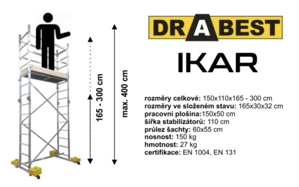 Lešení žebříkové IKAR PRO s plošinou, výška lešení 3m (pracovní výška 4m), nosnost 150kg