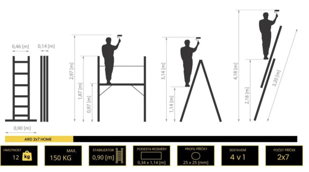 Multifunkční žebříkové lešení výšky 1,87m (pracovní výška 4,18m) DRABEST ARD-2x7 HOME, nosnost 150kg