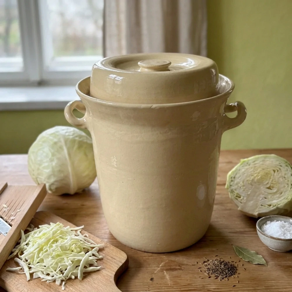 Keramický zelák 10L + víko (22/24cm), KOLOMAZNÍK ZÁBŘEH, krémová barva