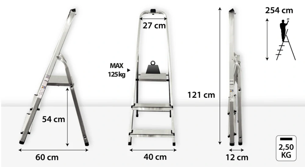 Hliníkové schůdky 3 stupně, jednostranné DRABEST ALD3 HOME (nosnost 125kg) 