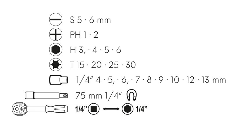 Sada oboustranná ráčna s bity a adaptery 1/4" 23ks