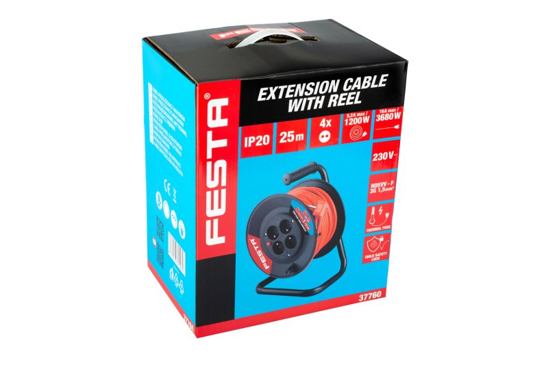 Kabel prodlužovací navíjecí 25m 4zásuvka IP20
