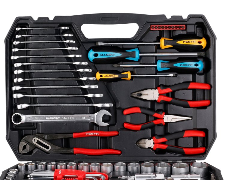 Sada nářadí PVC kufr 1/4" + 1/2",  122ks