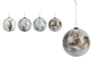 Koule d 8cm, vánoční s lesními zvířátky, 4druhy