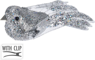 PTÁČEK 2kusy 15cm, klip, STŘÍBRNÝ, vánoční