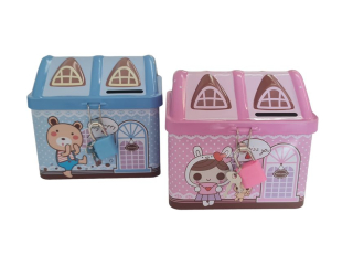 Pokladnička DOMEK 12x9,5x10cm, růž., modrý, plech