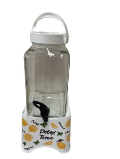 Láhev 3,0l sklo s kohoutem, bílý plast.stojan DETOX TIME