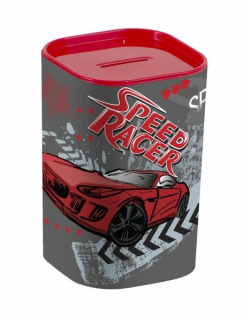 Pokladnička SPEED RACER 7,6x7,6x12cm, plast, otvír.