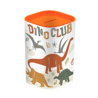 Pokladnička DINO CLUB, oranž, 7,6x7,6x12cm, plast, otvír.