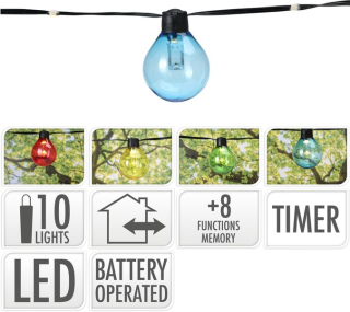 řetěz PÁRTY "ŽÁROVKA", barevný, 10LED, na baterie