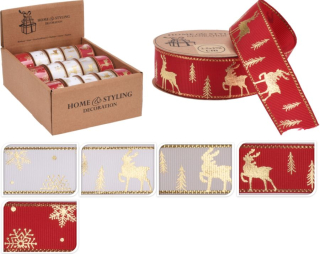 Stuha textilní 2,5cm x 2,7m, červená/zlatá, dárková