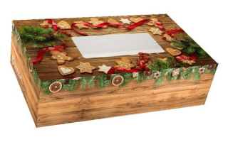 Krabička na cukroví, imit.DŘEVO 25x15x7cm, okénko, papír