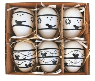 Dekorace VAJÍČKA s černým dekorem, 6cm, 6ks, plast, závěs