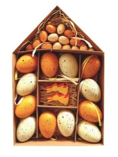 Dekorace VAJÍČKA ORANŽ, 28ks MIX velik.,plast, domek krabička