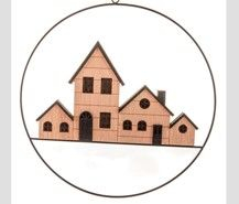 Dekorace DOMKY d25x2cm, LED osvětlení, závěs, dřevo