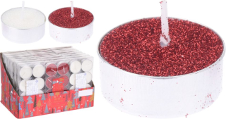 Svíčka čajová 8ks VÁNOČNÍ, d3,7cm, třpytivá, mix barev