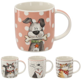 Hrnek 365ml, 4dekory, KOČKA/PES, porcelán