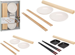 Sada 7dílná na SUSHI, podl.25x21cm, 2xtalíř porc., 2x2hůlky, 2držáky