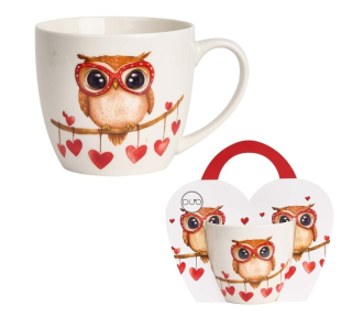 Hrnek 460ml baňatý SOVA na větvi se srdíčky, DB taška, porcelán