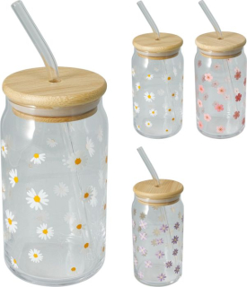Sklen. 500ml, 1ks, KYTIČKY, 3dekory, brčko, uz.bambus, sklo