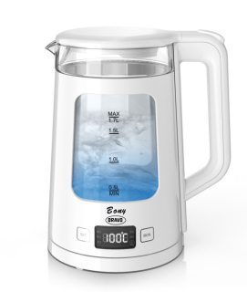 Konvice var. 1,7l B-4999, BONY, dvouplášť. s regulací, sklo, bílá