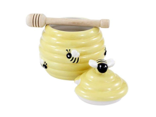Dóza 350ml, med keramika+naběračka medu dřevo