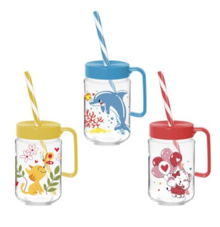 Sklenice 370ml s uchem (Delfín, Kočka, Slon) brčko, sklo (1ks)