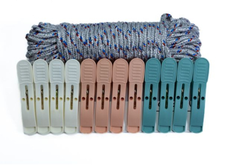šňůra 13m+kolíčky 12ks (8,5*1,8*3,8cm), 3barvy, kov.pružina, plast