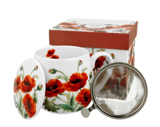 Hrnek 430ml baňatý VLČÍ MÁKY+víčko+sítko NR, porcelán, DB