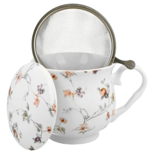 Hrnek 430ml baňatý SAFA kytičky+víčko+sítko NR, porcelán