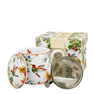 Hrnek 430ml baňatý LINNEA kolibřík+víčko+sítko NR, porcelán, DB