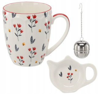 Hrnek 350ml KVĚTY, 3DEKORY, čajítko, podčajník, porcelán, DB