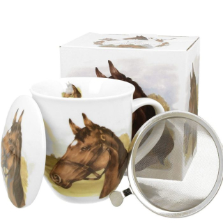 Hrnek 400ml baňatý HLAVA KONĚ+víčko+sítko, DB, porcelán