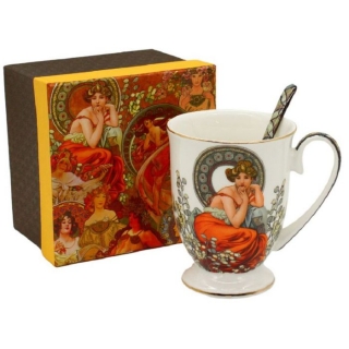 Hrnek 280ml+lžička, A.MUCHA, světlý, DB, porcelán
